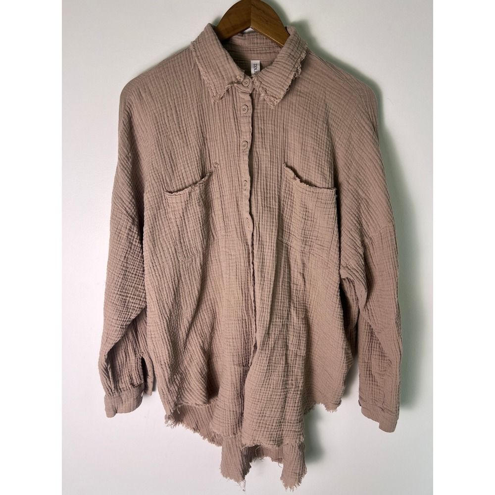 Zenana L Button Down Shirt Boho Gauze Frayed Hem Mocha Brown Slouchy Western